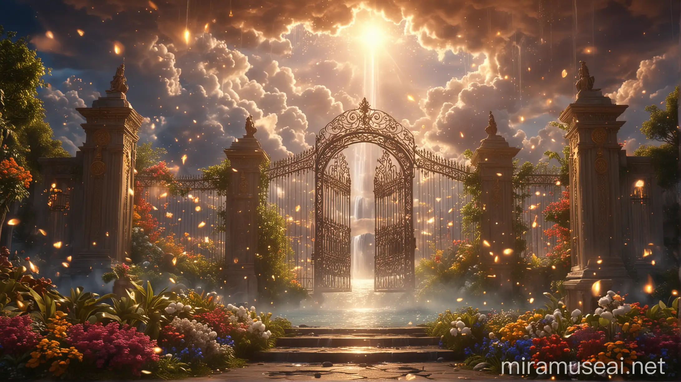 Heavenly Gates and Ethereal Cityscape in Radiant Light