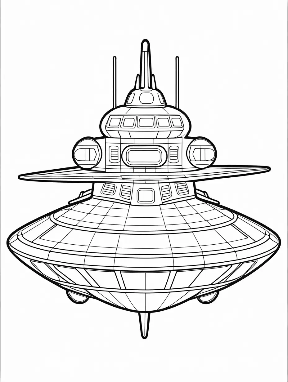 a space ship, Coloring Page, black and white, line art, white background, Simplicity, Ample White Space. The background of the coloring page is plain white to make it easy for young children to color within the lines. The outlines of all the subjects are easy to distinguish, making it simple for kids to color without too much difficulty