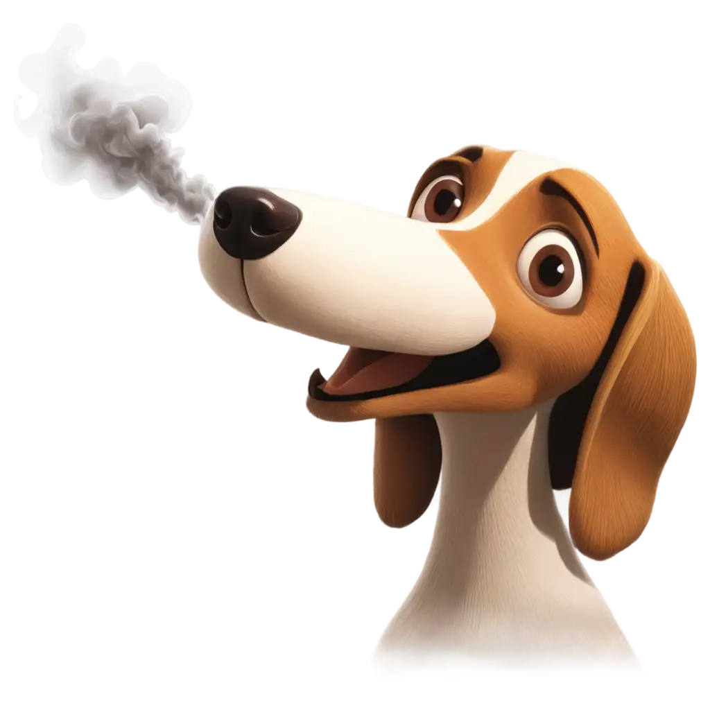 Comic cartoon of a dog with a big nose. Chimney smoke is attached to the dog's nose