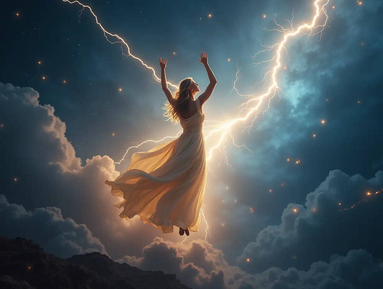 goddess in the cosmos, slowly turns, lightning flashes by, slowly raises and lowers her arms