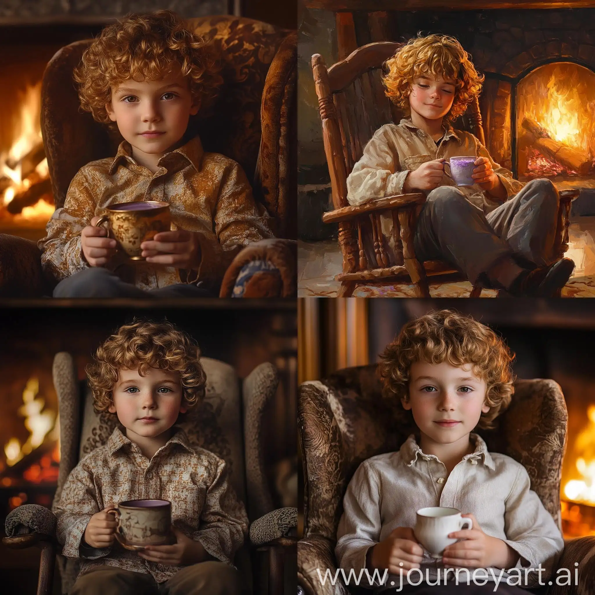 Golden-CurlyHaired-Boy-in-Cozy-Rocking-Chair-by-Fireplace-with-Lilac-Drink