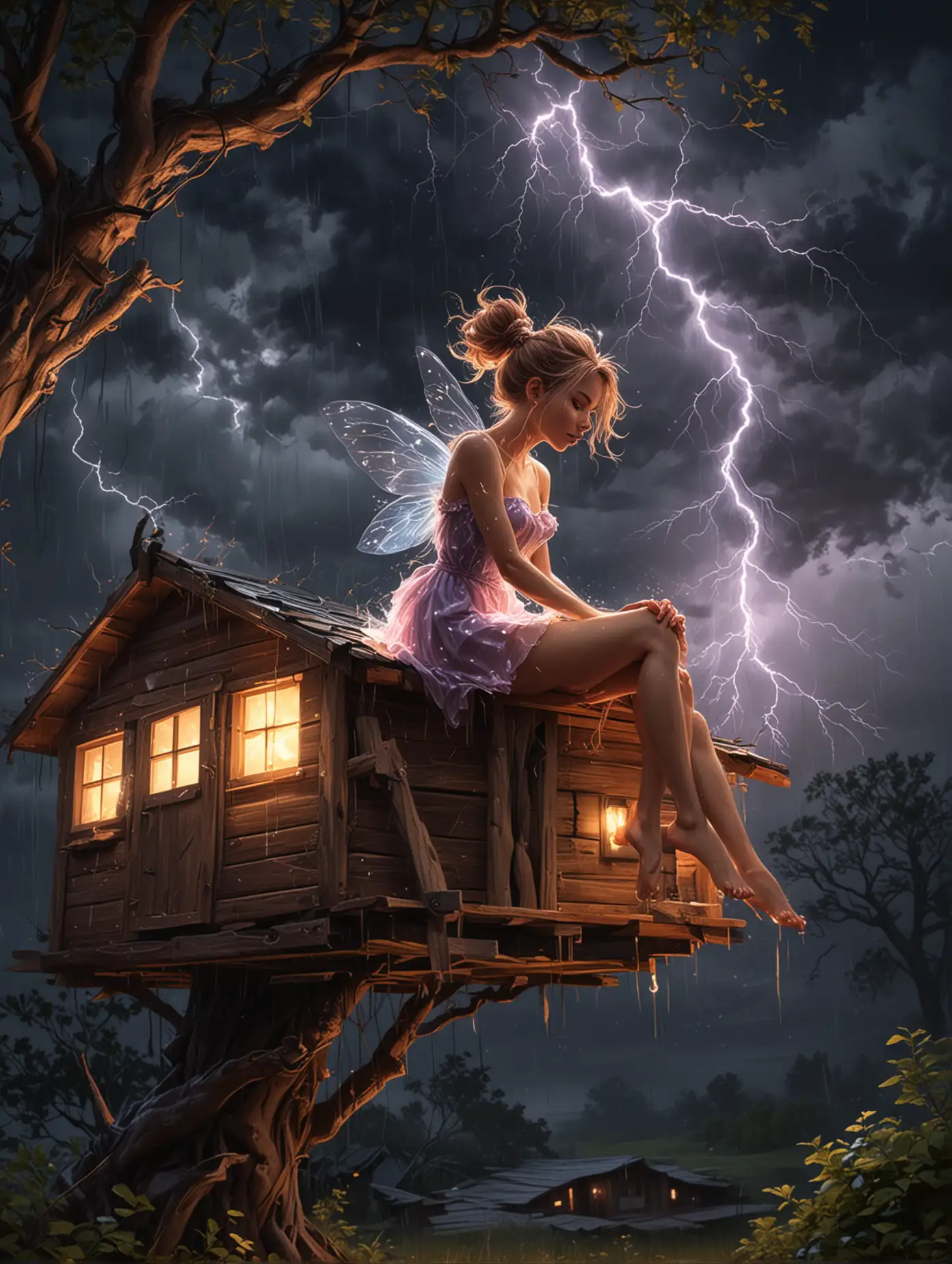 modern digital art illustration, acrylique, An adorable fairy with messy ponytails hair, glowing dress, she is sitting in a wooden cabin perched in a tree, the weather is stormy with lightning and a dark sky