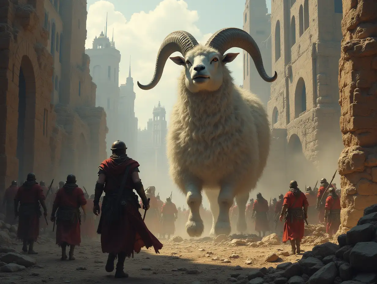 Goat titans in the destroyed city with humans