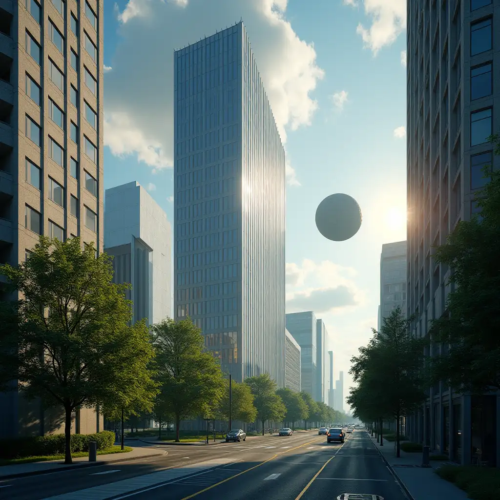 a city where a tall building and camera focusing on the building, it's had greenery in the frame, sky have sunshine clouds, and a building size asteroid standing with the buildings=