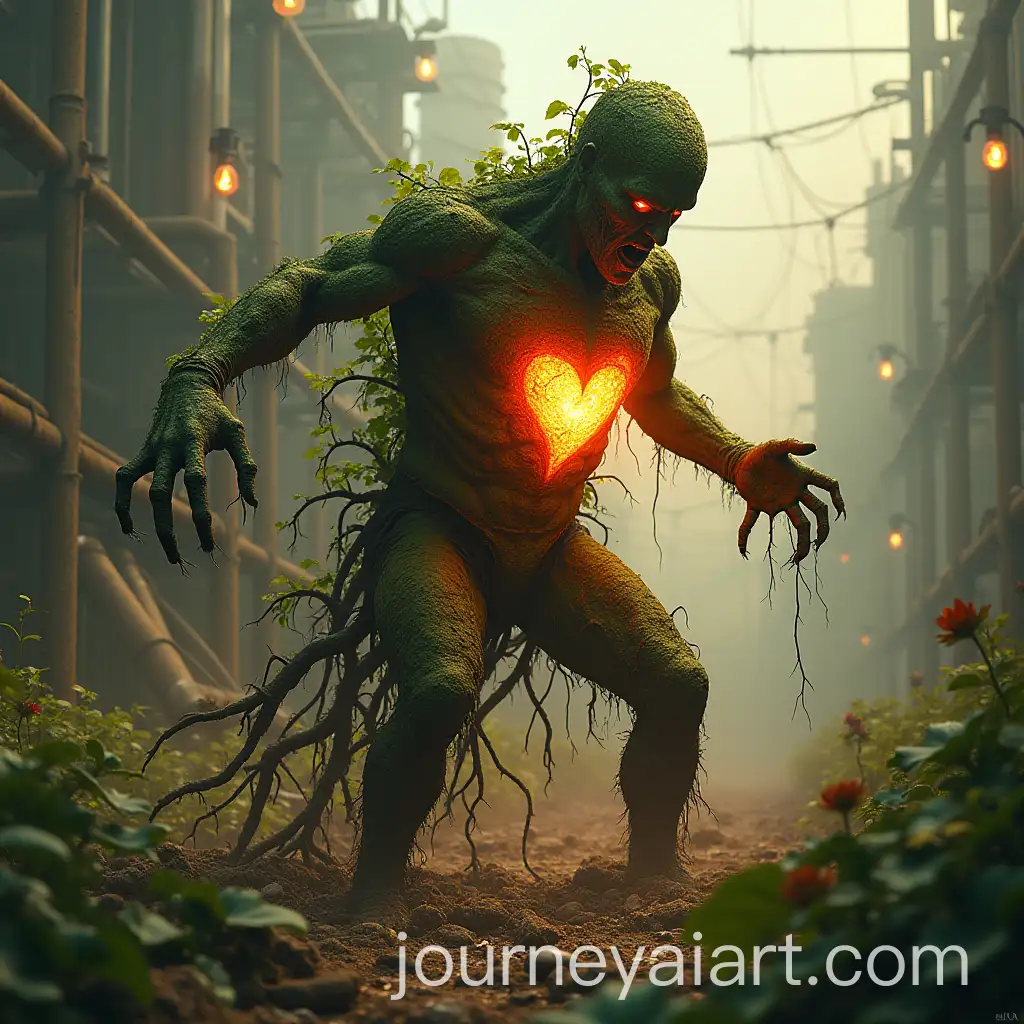 Gardener-with-Rooted-Limbs-and-Boiling-Heart-in-Industrial-Factory