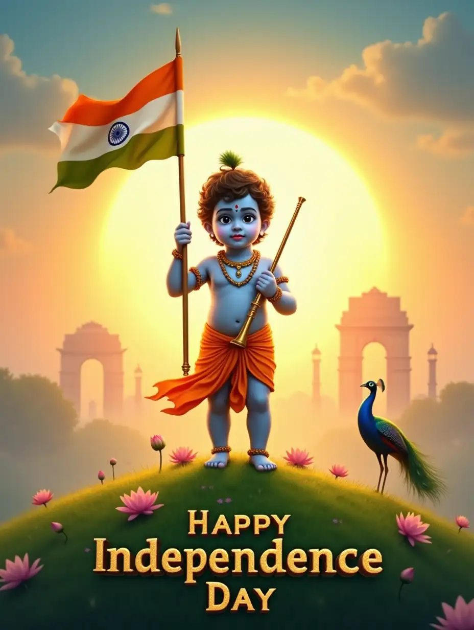 A photorealistic Independence Day greeting card featuring Baby Krishna with glowing blue skin, wearing a saffron dhoti, holding a fluttering Indian flag in one hand and a flute in the other. He stands on a lush green hill under a radiant sunrise, with the Indian tricolor glowing in the sky. Surrounding him are lotus flowers and a peacock, with faint silhouettes of India Gate and the Ashoka Chakra in the background. The text 'Happy Independence Day' appears in bold golden letters.