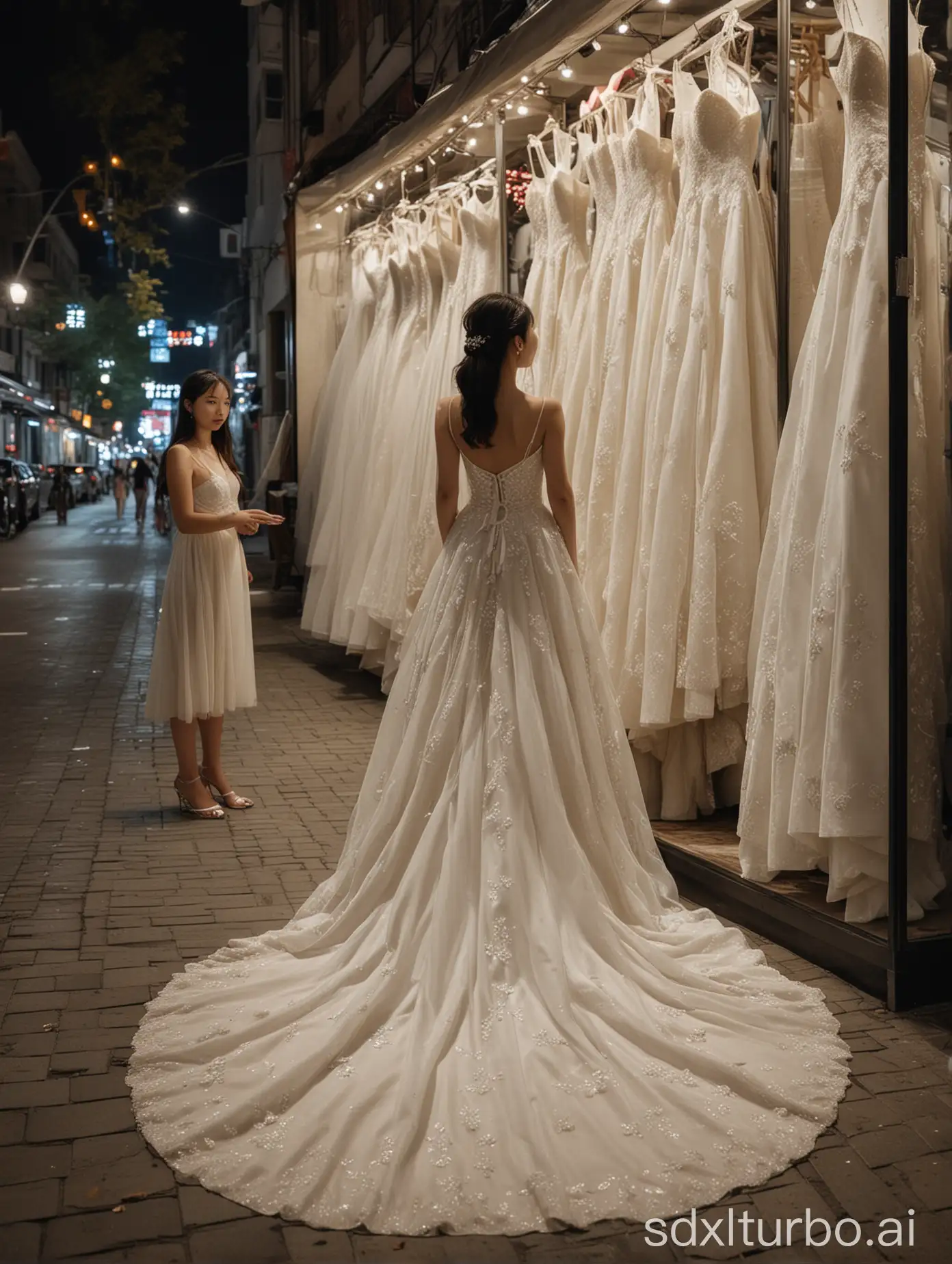 At night, a Chinese girl is looking at the back of a wedding dress in a bridal shop on the city street, with the girl positioned in the middle of the picture
