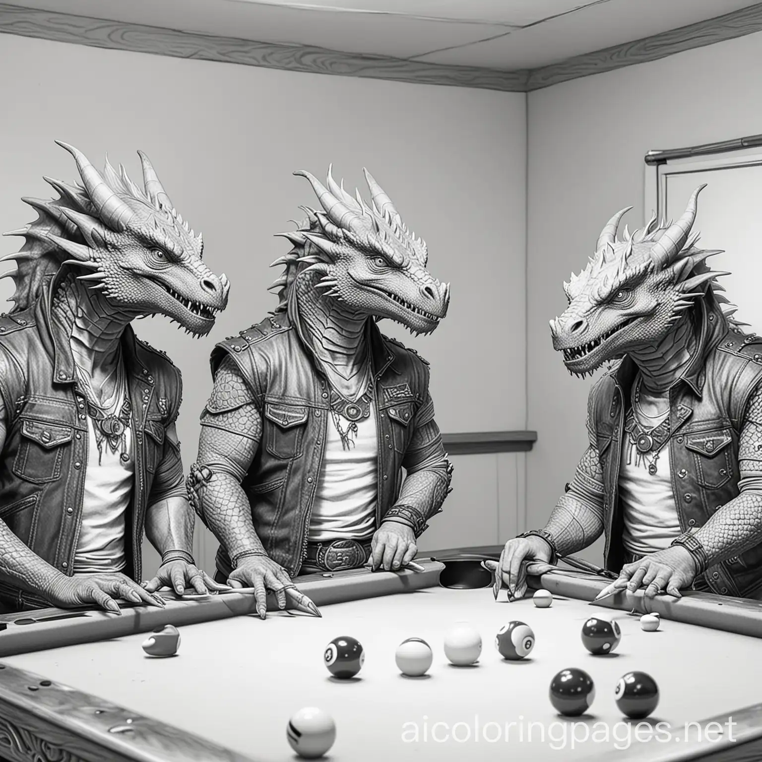 Realistic-Dragons-in-Biker-Vests-Playing-Pool-in-Clubhouse-Coloring-Page