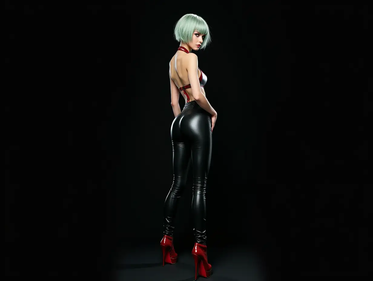 depiction of a beautiful white woman with short mixed black-green hair in a futuristic cyber and leather pants and high heels, black background (120mm) shot poster