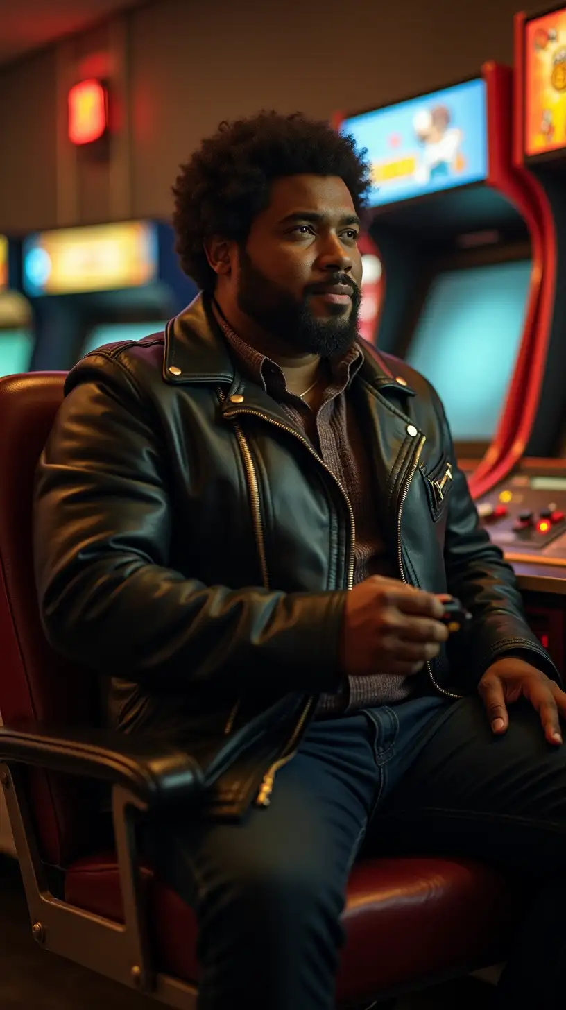 1970s Handsome Black Chubby Man in Leather Jacket Sitting in Video Game Room