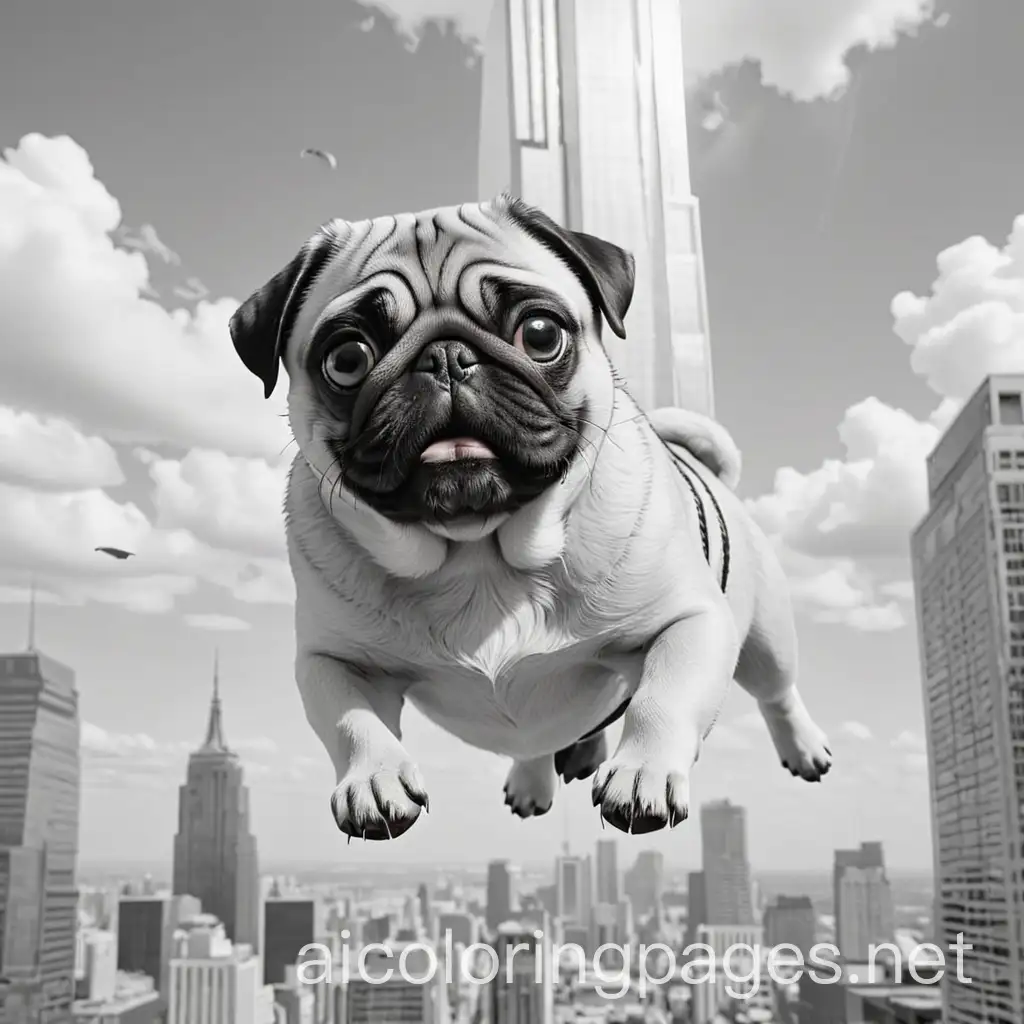 pug  falling of sky scraper, Coloring Page, black and white, line art, white background, Simplicity, Ample White Space. The background of the coloring page is plain white to make it easy for young children to color within the lines. The outlines of all the subjects are easy to distinguish, making it simple for kids to color without too much difficulty