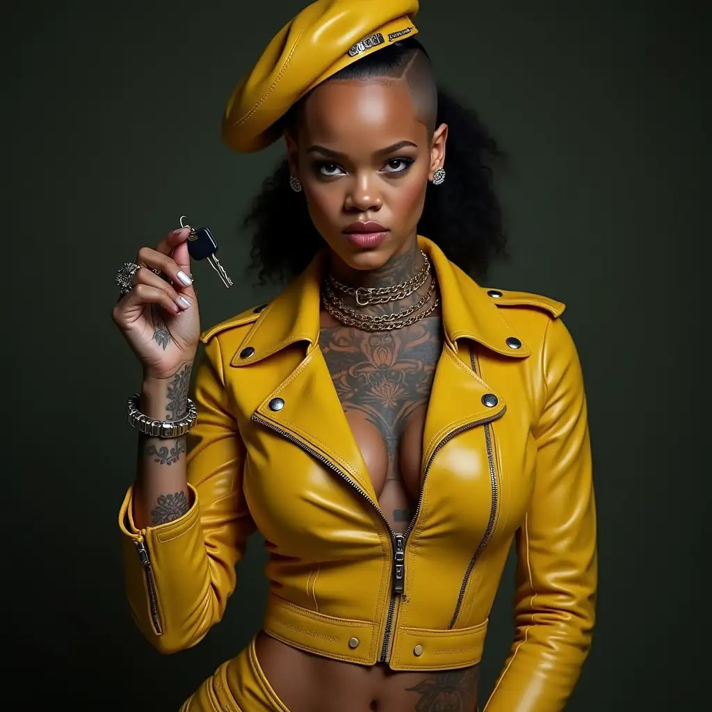 rihanna holding small keys out, teasing, tight yellow leather motorcycle jacket, , shaved head, leather gloves, leather military hat, heavy tattoos, muscular, angry