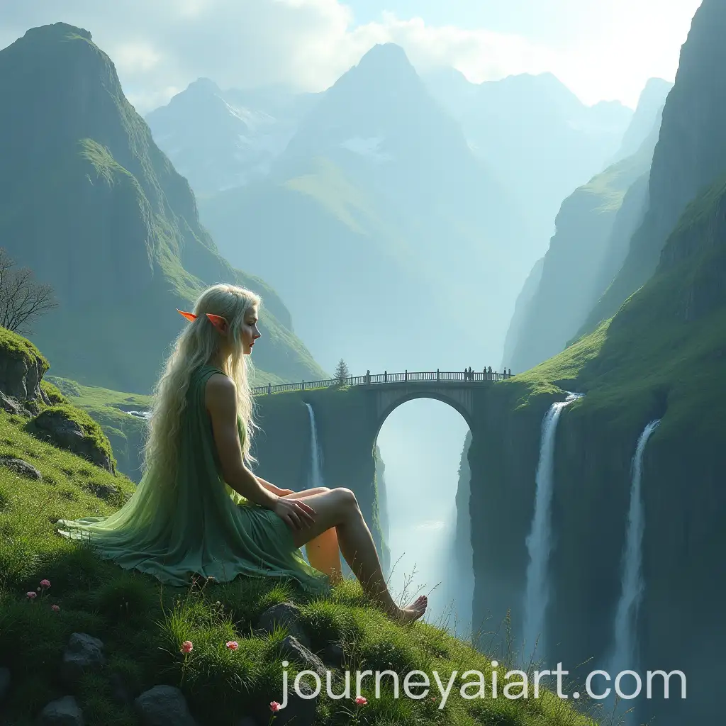 Elegant-Elf-Sitting-on-Green-Hill-Amongst-Mountain-Waterfalls