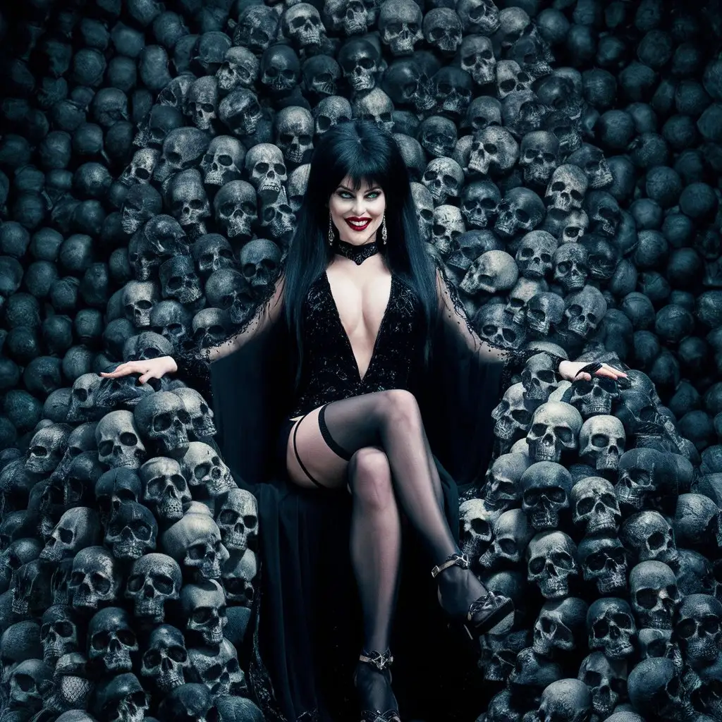 An iconic image of the seductive and evil Elvira, seated on a throne of skulls. She wears a revealing black dress with a large neckline, dark stockings, and high, pointed sandals. Her legs are crossed, with one leg completely exposed, revealing her strong, full thigh. Her evil smile and captivating gaze make her an unforgettable figure., photo