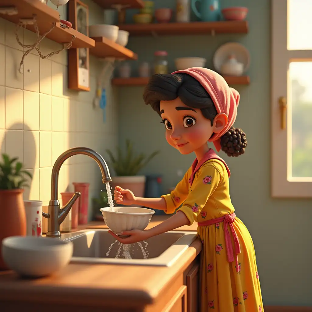 Pakistani-Woman-Washing-Dishes-in-a-Sink-in-3D-Pixar-Style