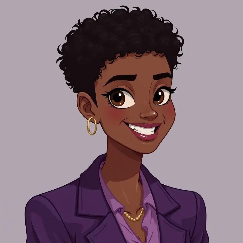 A young black woman with light skin, light brown eyes, type 4c hair a little short with a purple suit and smiling