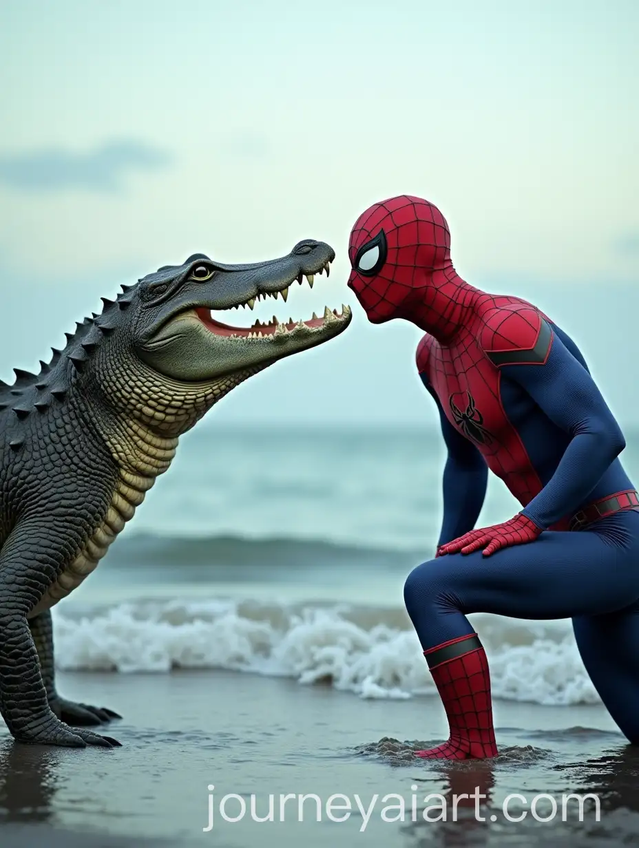 Crocodile-and-SpiderMan-Engaging-in-a-Curious-Interaction-by-the-Seaside