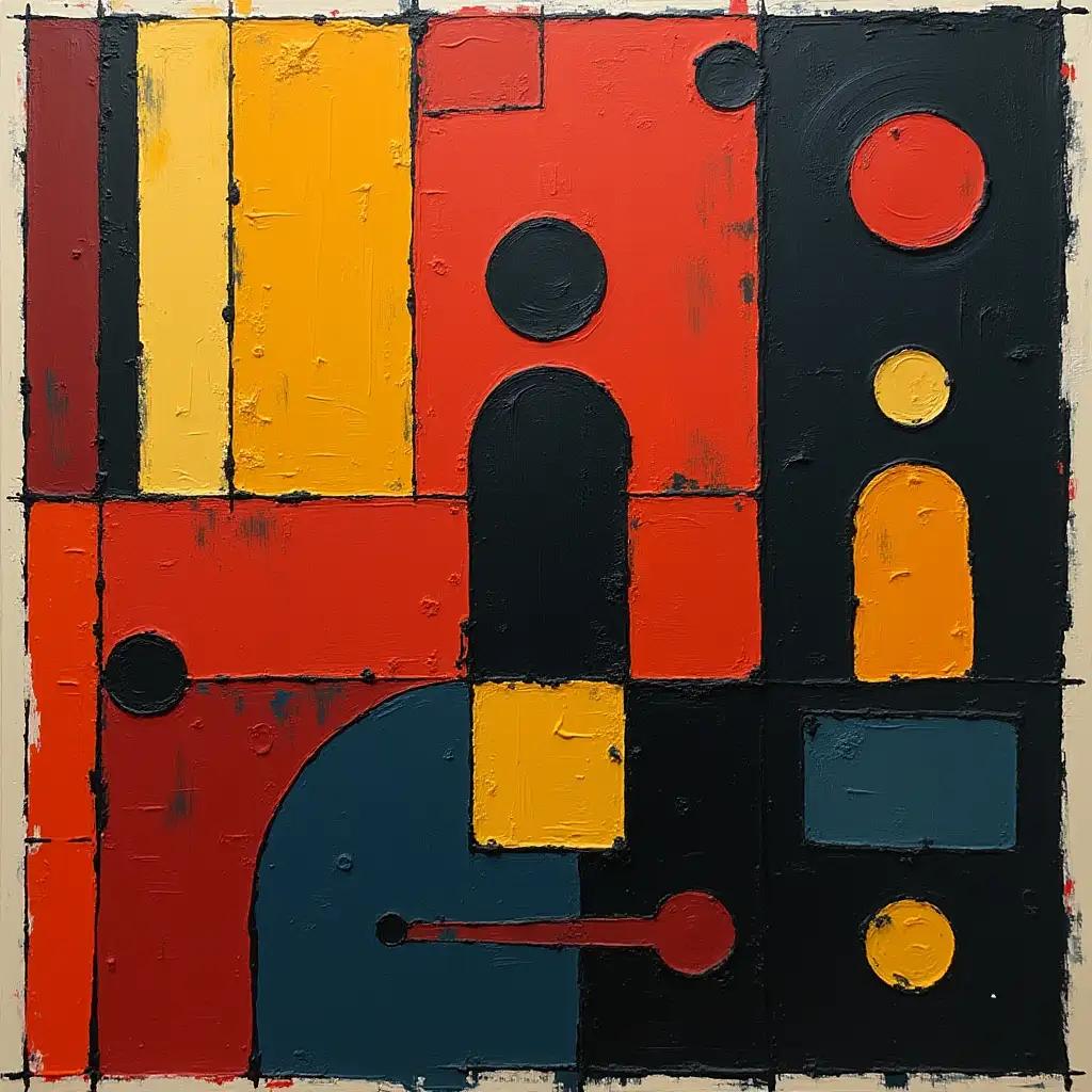 user_prompt: Picture in a grid, stripe, primitively schematic, Stalker-like figure in the style of Kandinsky, Malevich, minimalism, simplified for a beginner artist with acrylic many colors, constructivism abstractionism, darkly