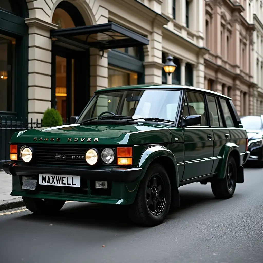 create a sports version of a classic 1980 2 door range rover in dark green body colour with Audi quatro style rally wings and twin headlights and alloy wheels and a deep front bib spoiler parked in-front of the savoy hotel in london with and Maxwell number plate and twin fog lights