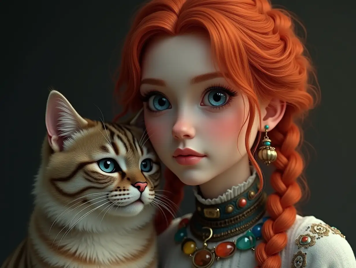 A very detailed photorealistic image of a woman with red braids with a cat with blue eyes and a collar with colorful ornaments in 8K resolution