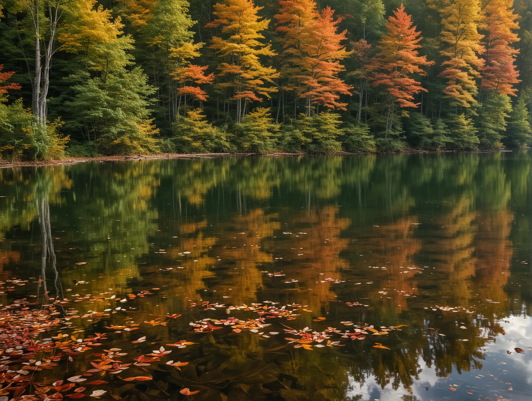 professional wild life photography, shot on water level, mesmerizing image of calm water of a lake with colorful leaves floating, soft early autumn lighting, a lush forest changing its colors from greens to warm autumn hues reflects in the water. Uhd, hdr. high quality enhance. Hasselblad X1D II. premium photograph