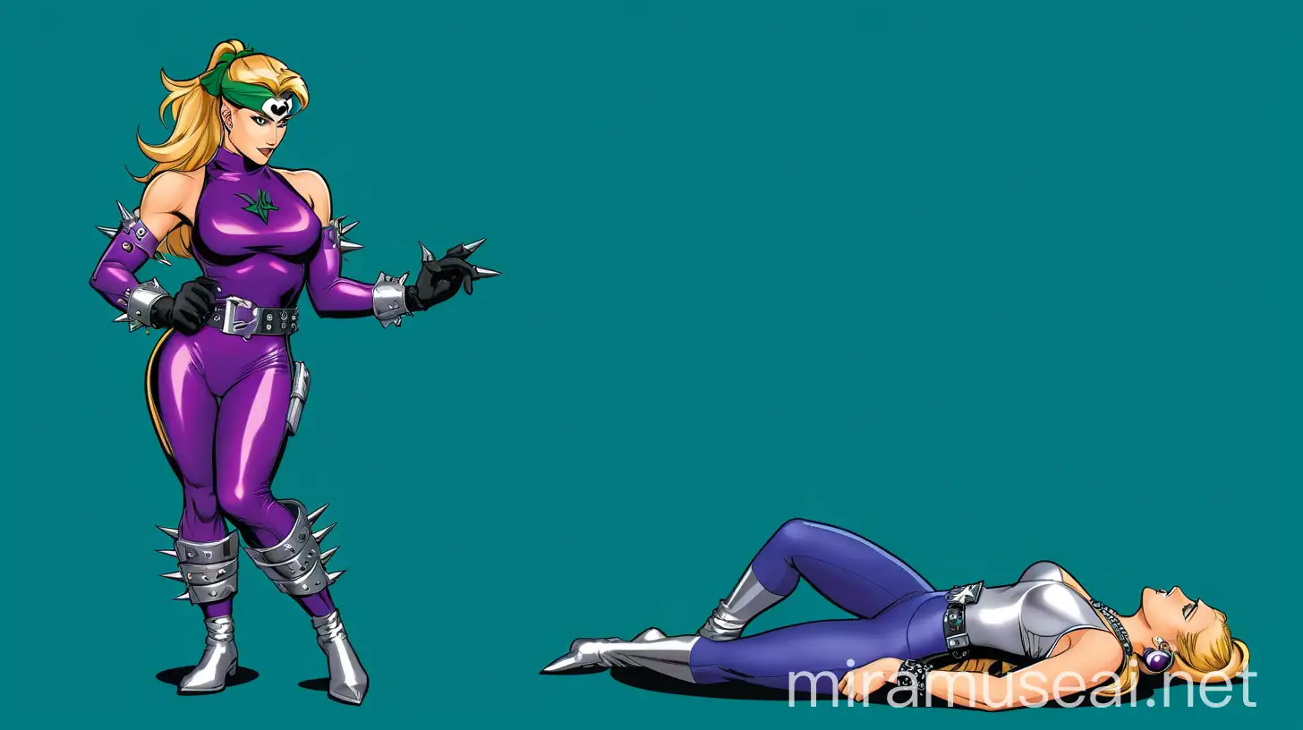 Comic Book Heroine in Shiny Purple Bodysuit Overlooking Defeated Adversary