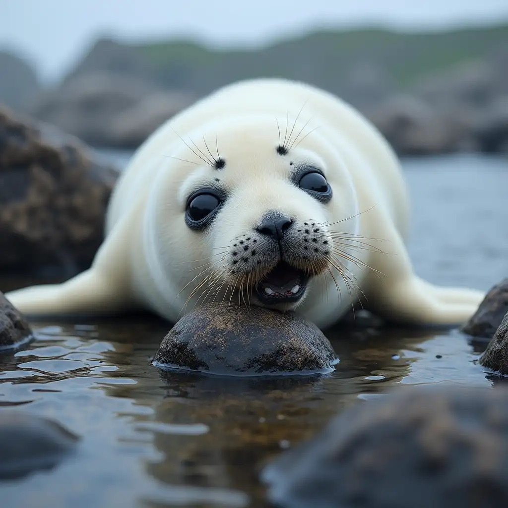 Harp-Seal-Eating-Rocks-with-One-Rock-in-Its-Mouth