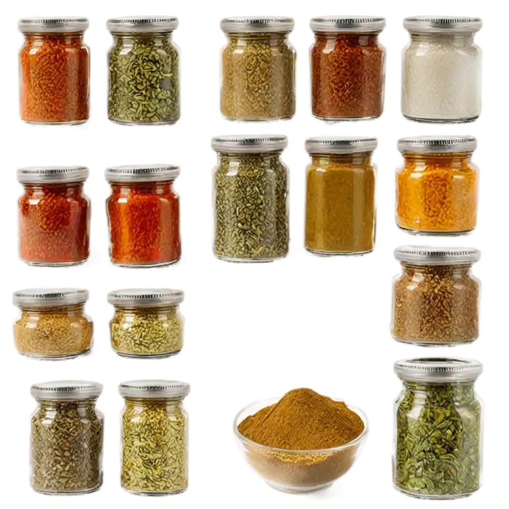 Glass spice jars, labeled pouches, or spices in bowls with food around.
