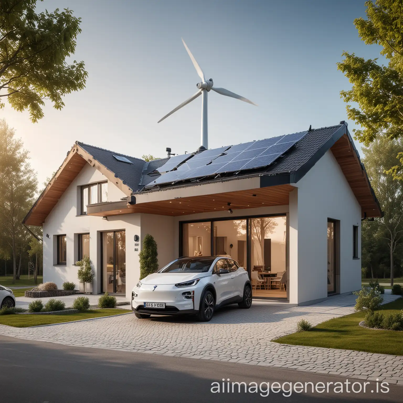 modern serene home with an installed small wind turbine, eco-friendly environment with an electric vehicle parked in front of the house