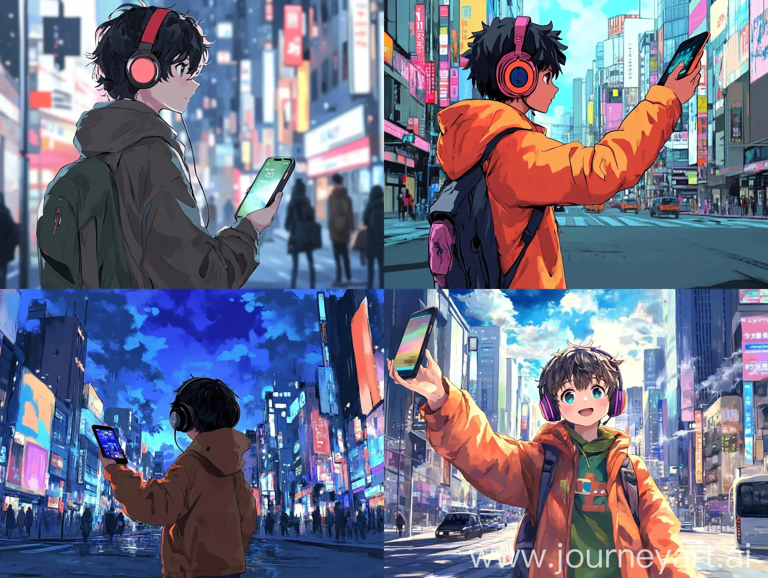 Anime-Boy-with-Headphones-Showing-Phone-Screen-in-Urban-Setting