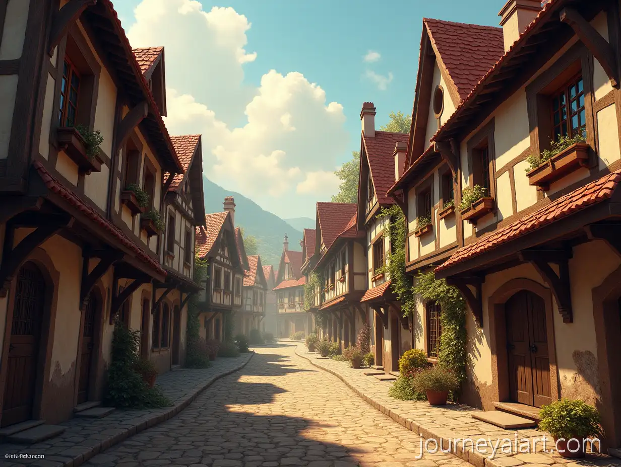 Medieval-European-Town-Street-in-Warm-AfternoonMedieval-European-street-scene-Light-SemiRealistic-Digital-Illustration