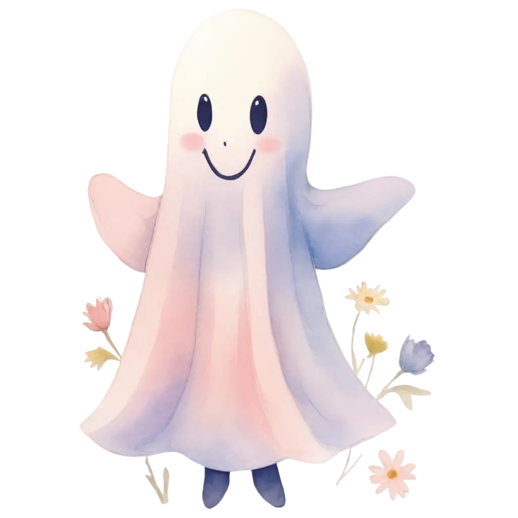 Whimsical-Watercolor-Ghost-PNG-Playful-Floating-Ghost-with-Pastel-Flowers