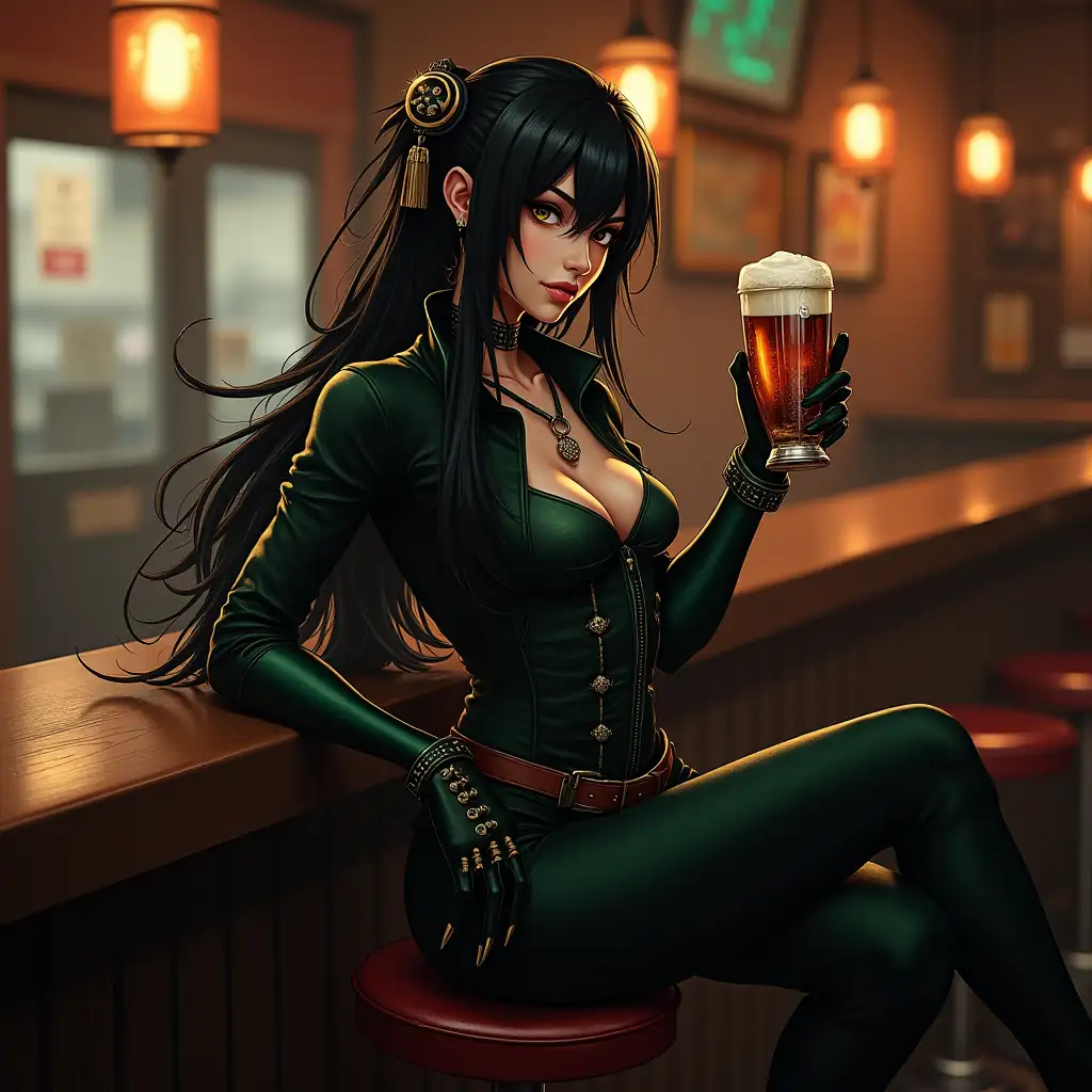 Kamenrider, realistic, full body, sitting at bar with a glass of beer, in hand, holding sword,beautiful woman, long blak hair,  green