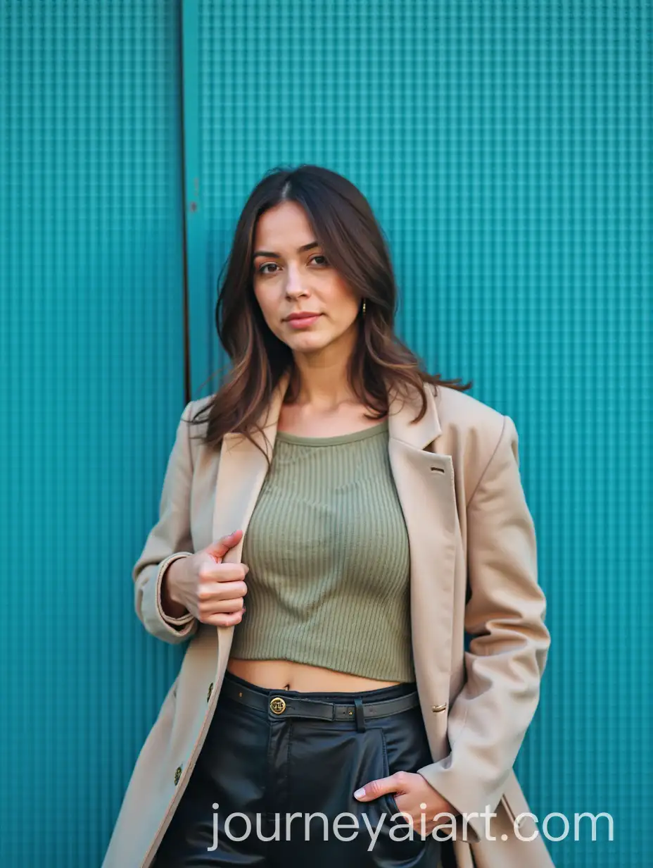 Woman-Looking-DirectAI-Image-Prompt-Expansionly-at-Camera-Near-Blue-Wall