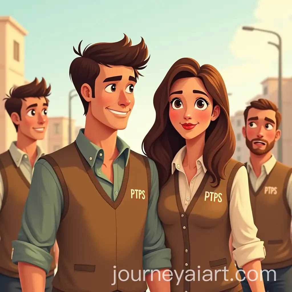 PixarStyle-Cartoon-of-People-Wearing-Brown-Vests-with-PTPS-Logo