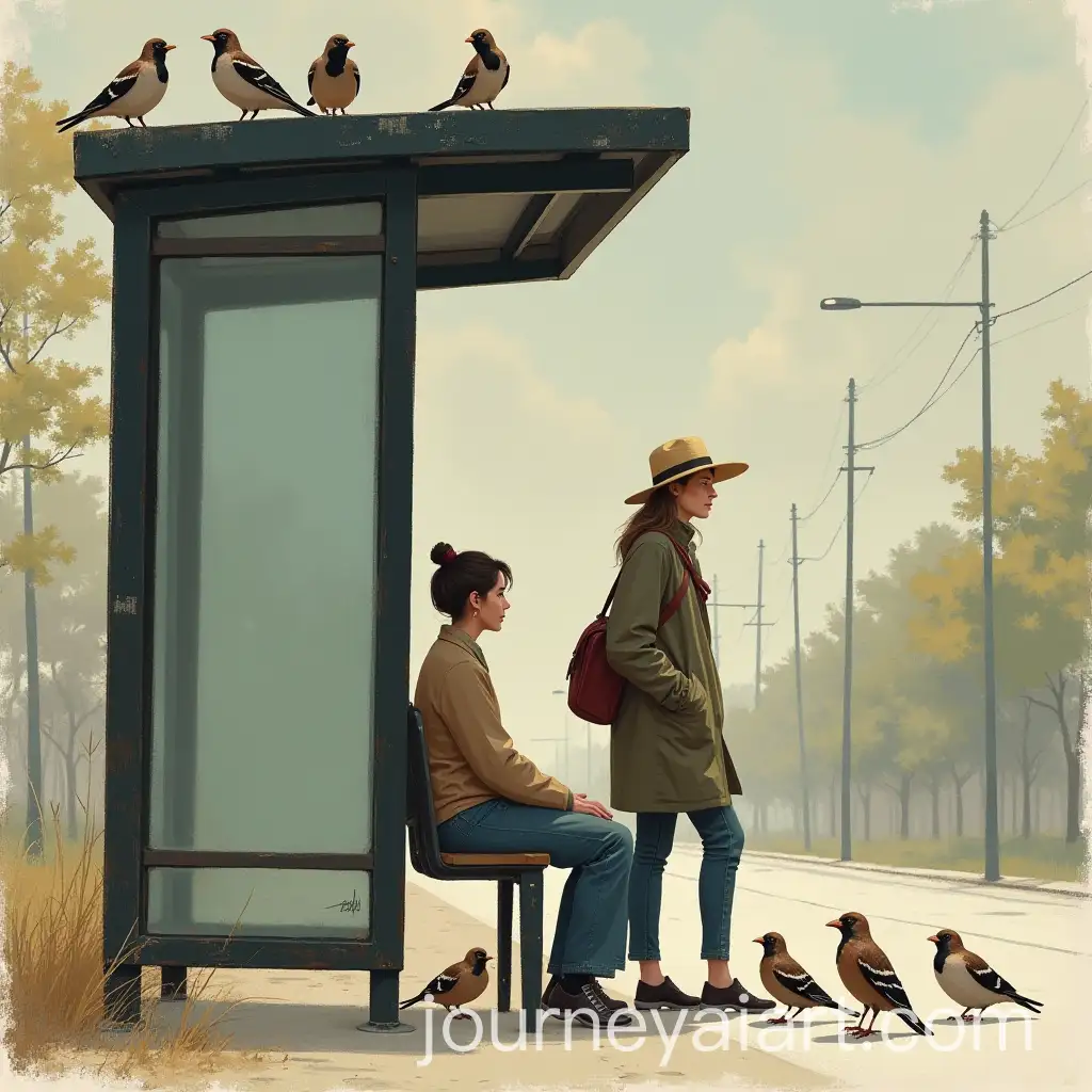 AI-Art-Prompt-ExpansionWoman-Waiting-at-Bus-Stop-Surrounded-by-Sparrows