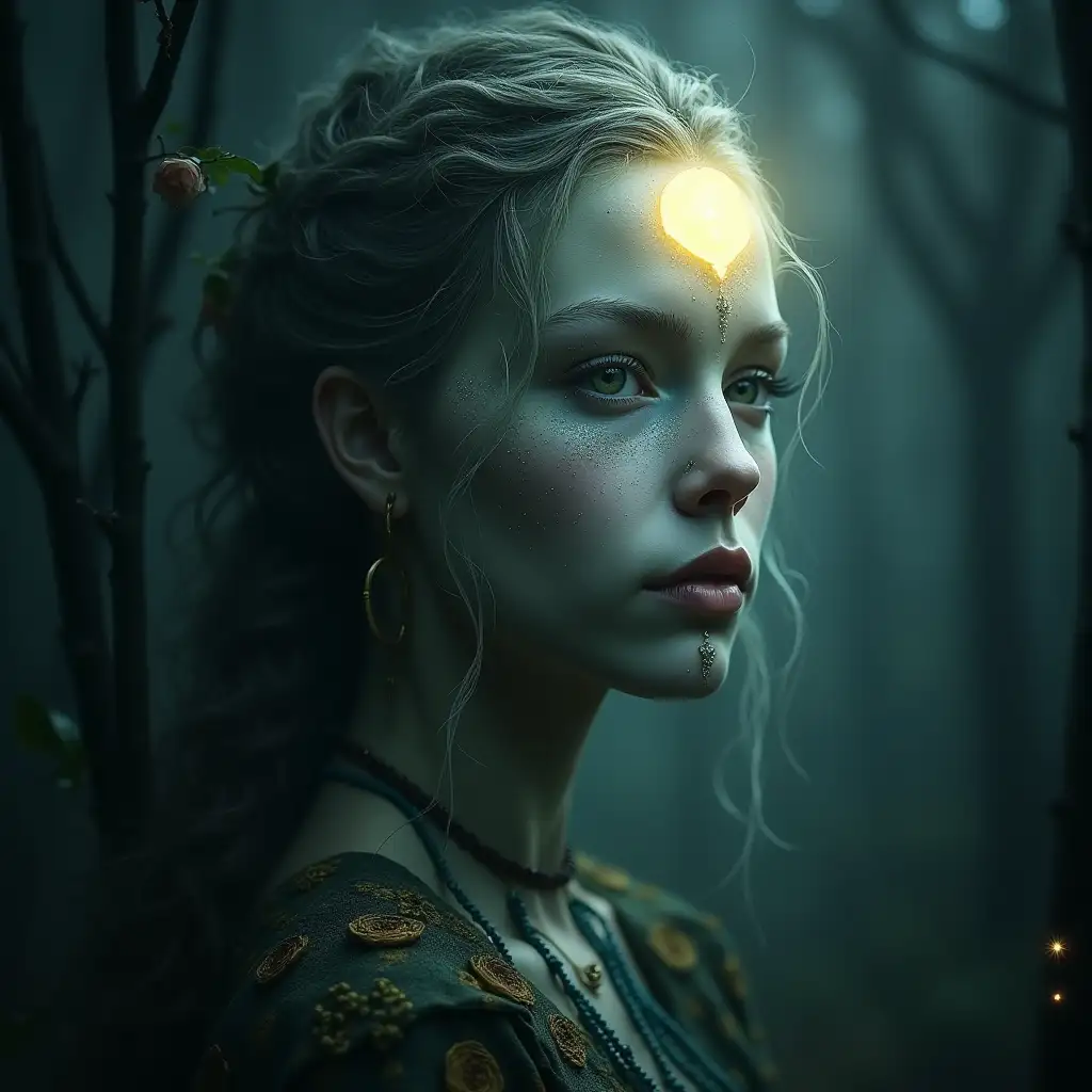A beautiful, mystical being blending features of both Sidhe and Patupaiarehe—light skin, multicultural features with white skin, straw coloured hair, green or blue eyes. A spirit being, dark and haunting. A moon light illuminates their face, blending into a natural landscape—half forest, half stone circle. The atmosphere is dark and mysterious, haunting.
