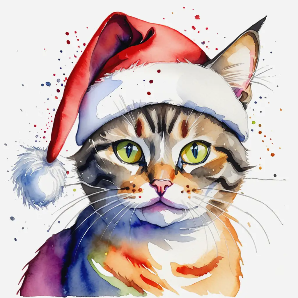 Colorful Watercolor Painting of a Cat Wearing a Santa Hat