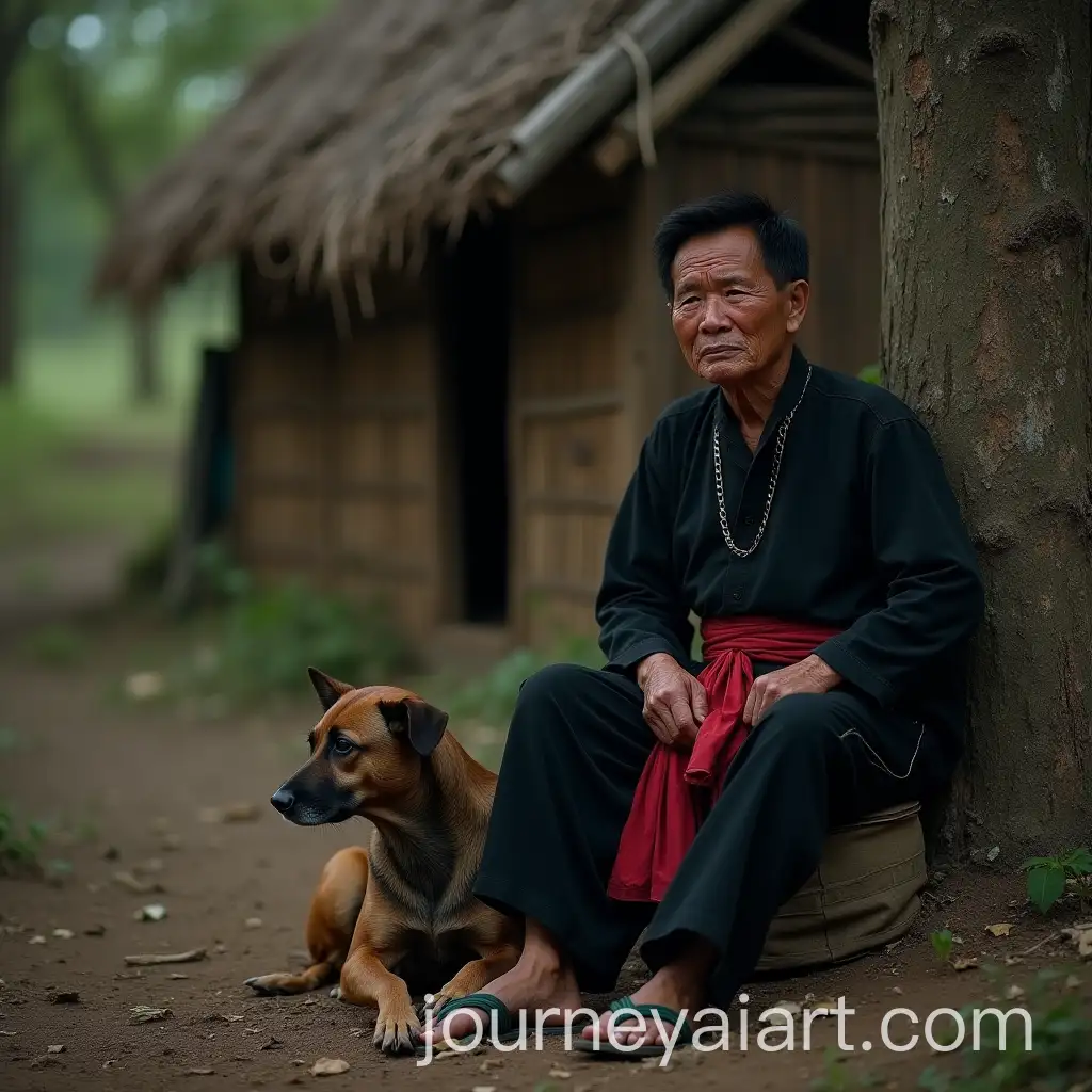 Hmong-Man-Crying-with-Dog-in-Front-of-Bamboo-House