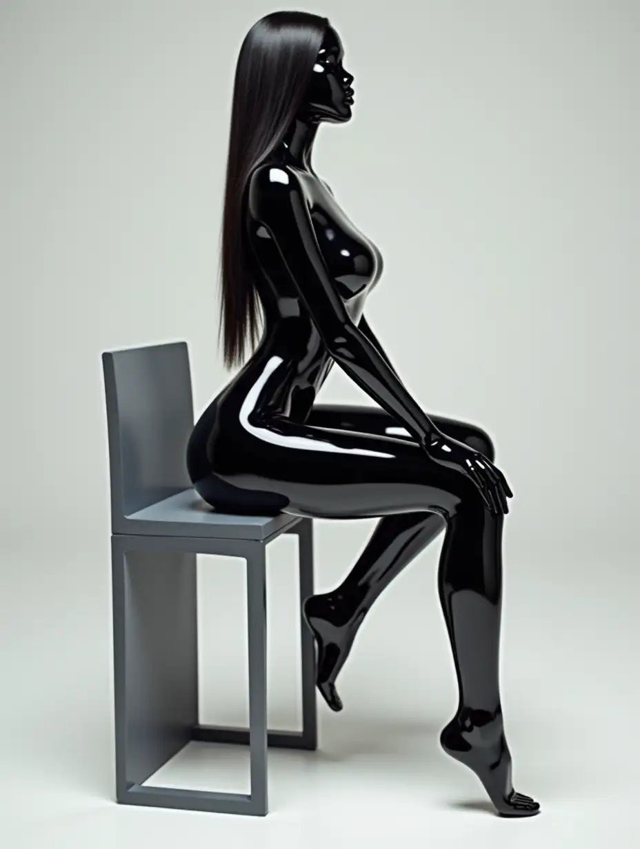 a black figure in a glossy transparent clear glossy plastic leggings and catsuit, Form-fitting, show legs and feet too, sitting on a chair, side view