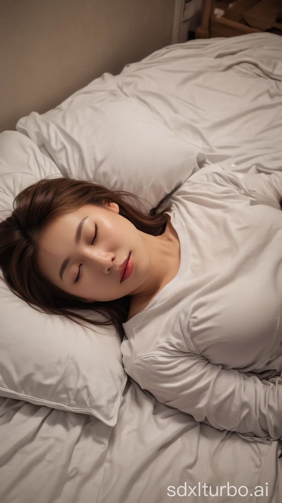 Chinese-Woman-Sleeping-in-Winter-Night-Brown-Hair-White-TShirt-and-Long-Skirt