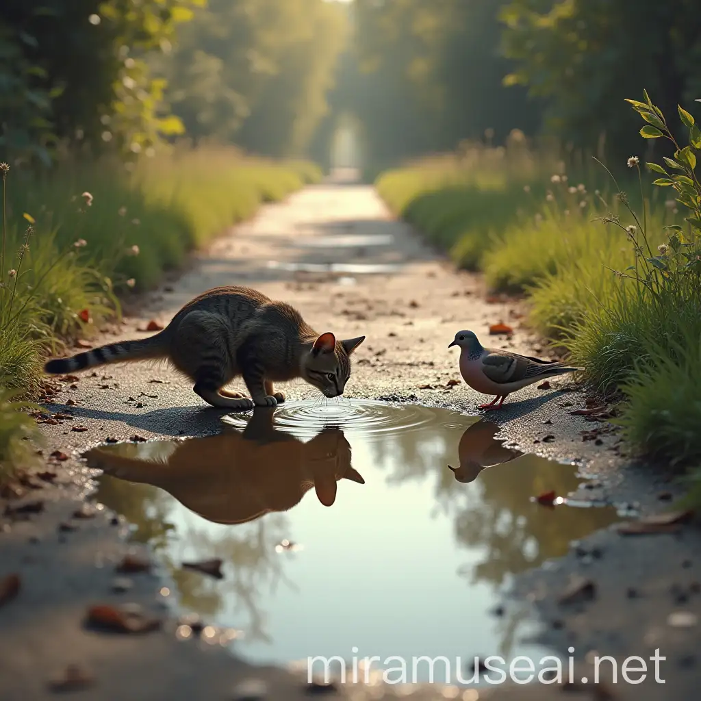 Hyperrealistic Scene of a Dove Drinking from a Puddle on a CatCovered Path