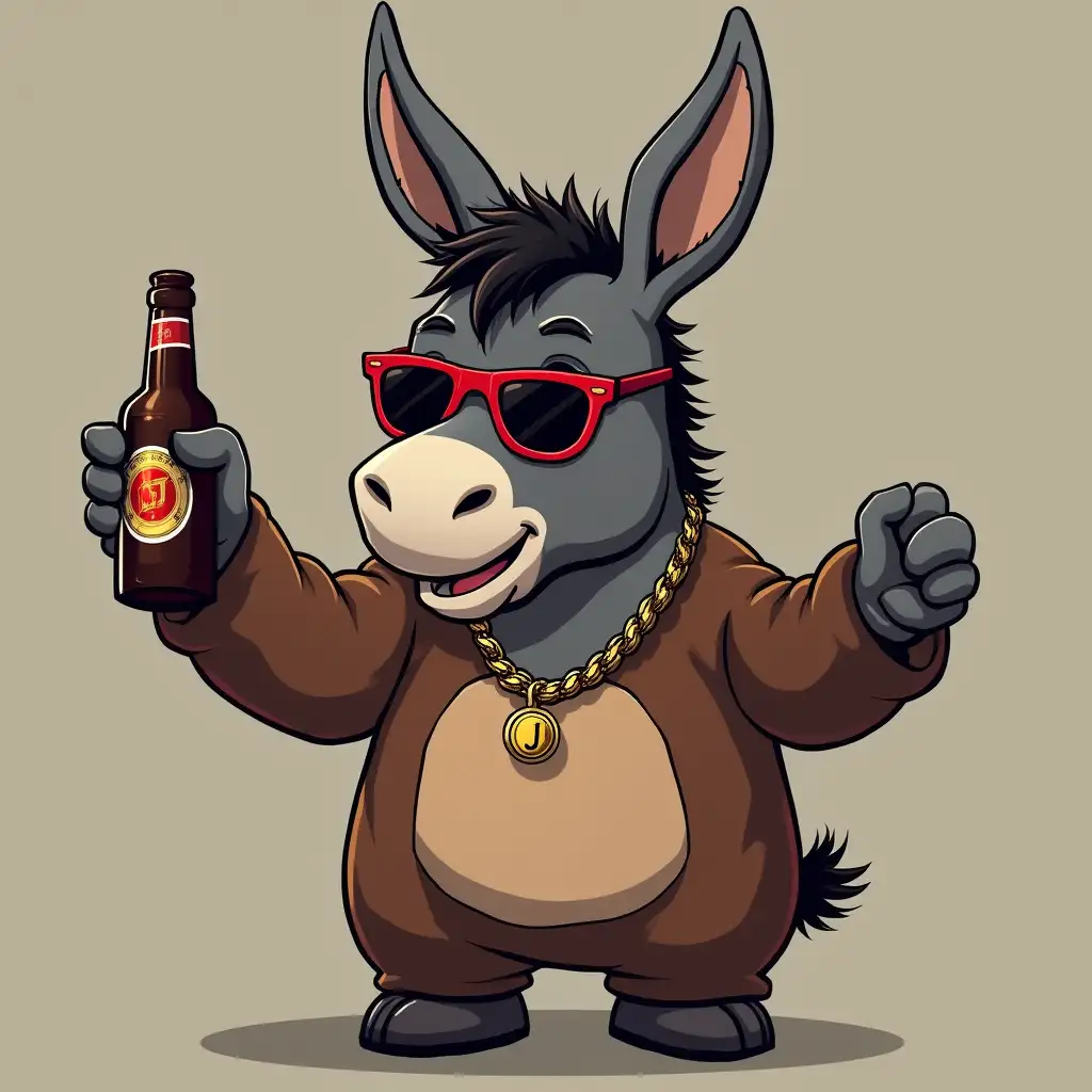 A gray donkey with red sunglasses, has dark brown mane, dressed as a brown bear, raising the right arm with a bottle in hand, raising the left arm like a rocker, has a gold chain necklace with a J letter in the middle.