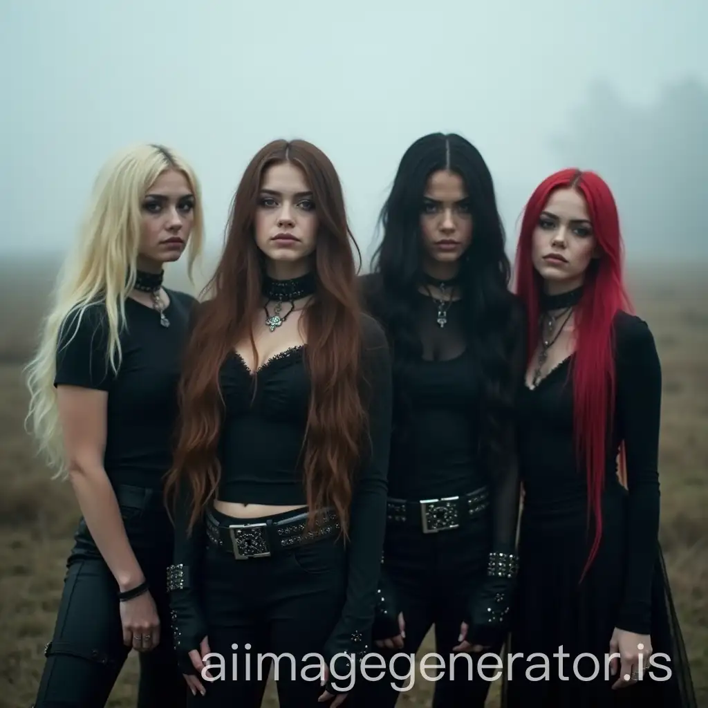 Four-Young-Girls-as-Gothic-Metal-Rock-Band-Artists-in-a-Foggy-Landscape