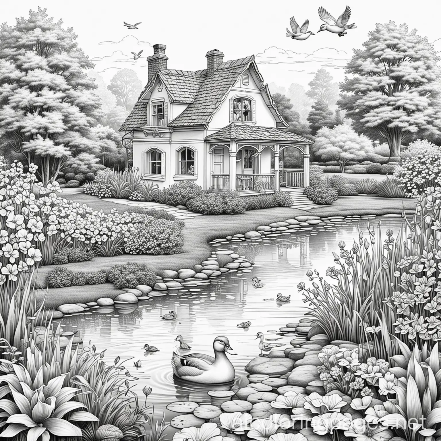 Charming-Garden-House-with-Duck-Pond-and-Flowers-Coloring-Page