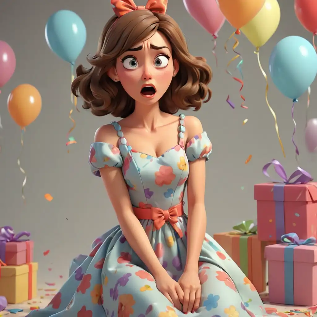 Cartoon-Woman-Rolling-Eyes-at-Birthday-Gift-in-3D-Celebration-Scene