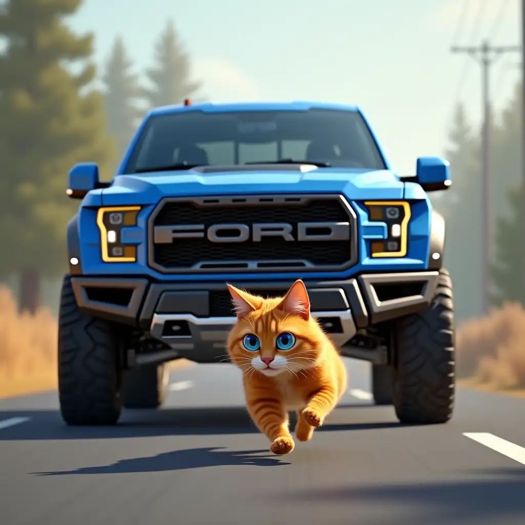 A big blue ford f-150 raptor is chasing a shaggy ginger cat, who runs away in fear along the road, one of the cat's eyes is blue and the other is yellow, computer graphics