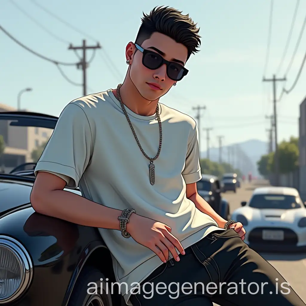 Young-Man-in-White-and-Black-Clothing-Leaning-on-Sports-Car-in-Urban-Setting