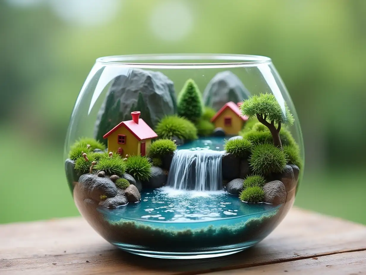 Small waterfalls with houses, mountains, trees and a small pond in a glass container.