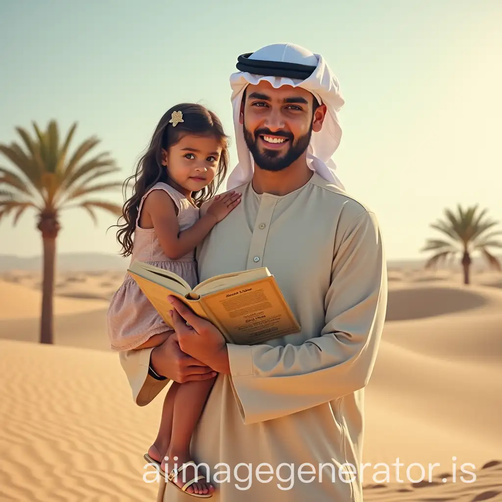 Young-Saudi-Arabian-Man-and-Girl-with-Book-in-Desert-with-Palm-Trees